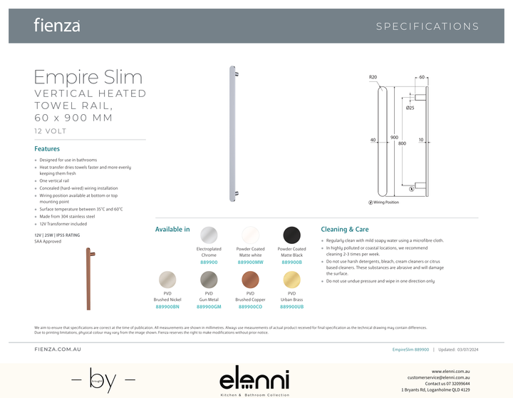 Empire Slim Vertical Heated Towel Rail, 60 x 900mm - Spec sheet
