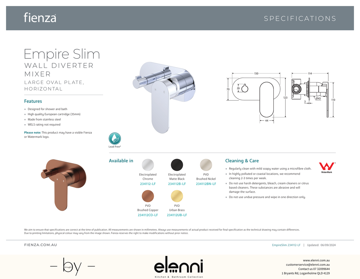 Empire Slim Wall Diverter Mixer Dress Kit, Large Oval Plate, Horizontal - Trim Kit Only - Spec sheet