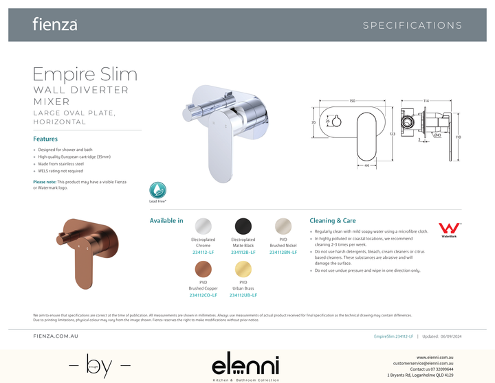 Empire Slim Wall Diverter Mixer Dress Kit, Large Oval Plate, Horizontal - Trim Kit Only - Spec sheet