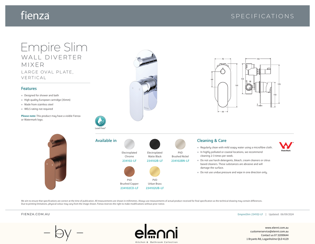 Empire Slim Wall Diverter Mixer Dress Kit, Large Oval Plate, Vertical - Trim Kit Only - Spec sheet