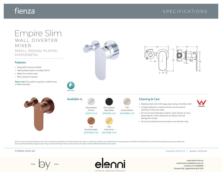 Empire Slim Wall Diverter Mixer Dress Kit, Small Round Plates, Horizontal - Trim Kit Only - Spec sheet