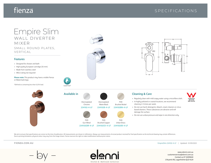 Empire Slim Wall Diverter Mixer Dress Kit, Small Round Plates, Vertical - Trim Kit Only - Spec sheet