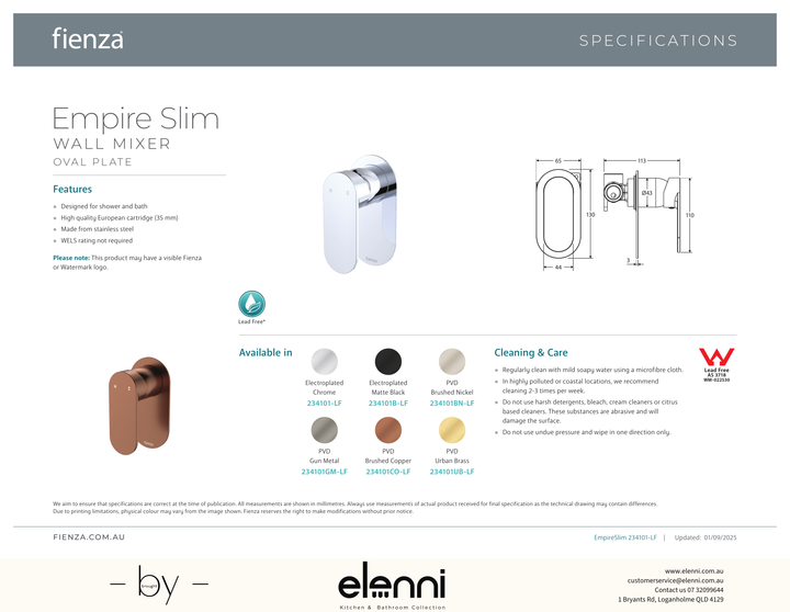 Empire Slim Wall Mixer Dress Kit, Oval Plate - Trim Kit Only - Spec sheet