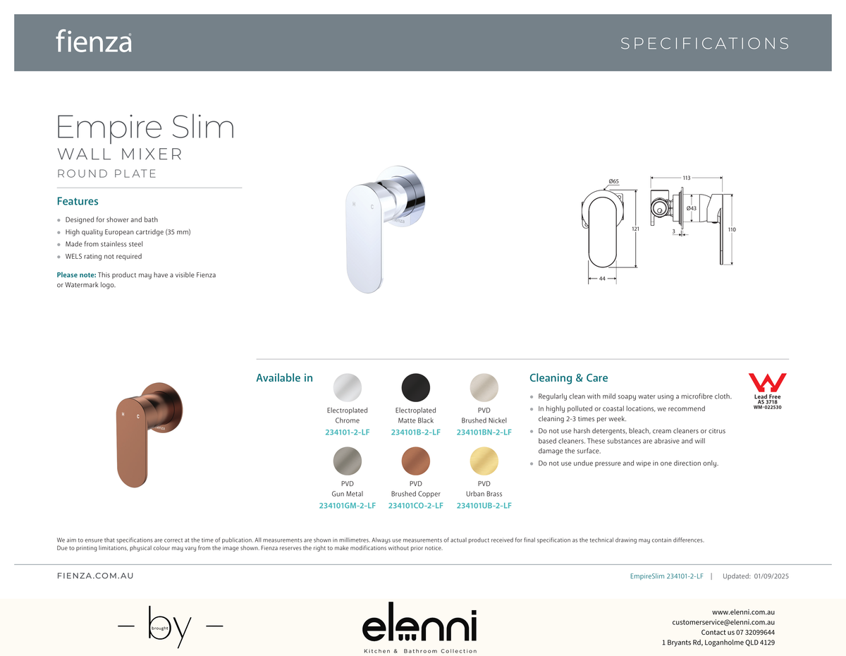 Empire Slim Wall Mixer Dress Kit, Round Plate - Trim Kit Only - Spec sheet