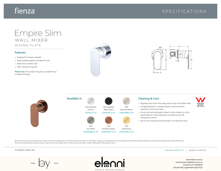 Empire Slim Wall Mixer Dress Kit, Round Plate - Trim Kit Only - Spec sheet