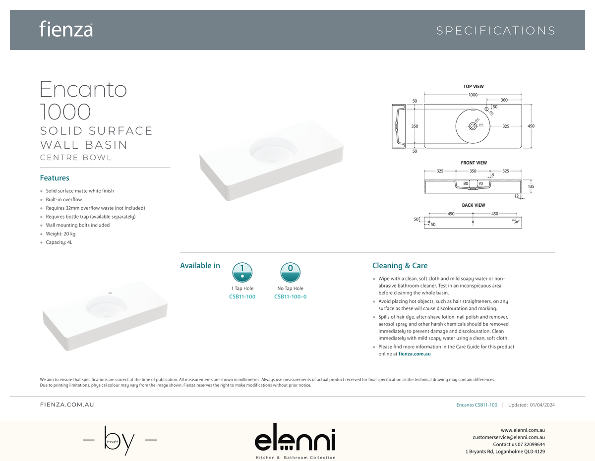Encanto 1000 Solid Surface Wall Basin - Elenni specification drawing