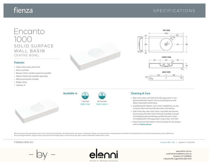 Encanto 1000 Solid Surface Wall Basin - Elenni specification drawing