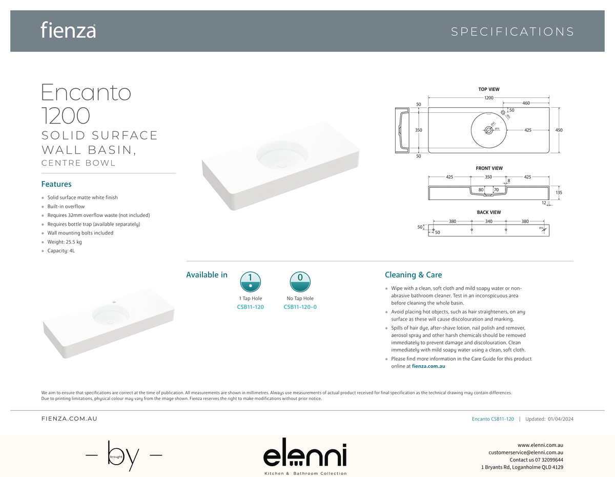 Encanto 1200 Solid Surface Wall Basin - Elenni specification drawing