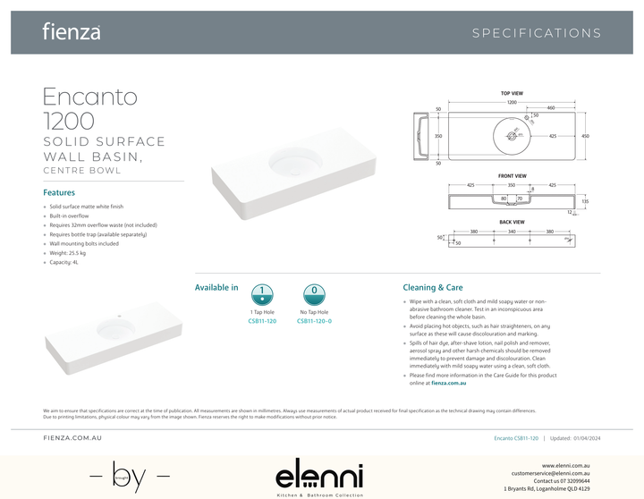 Encanto 1200 Solid Surface Wall Basin - Elenni specification drawing