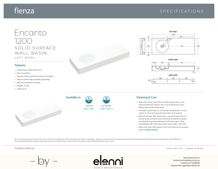 Encanto 1200 Solid Surface Wall Basin - Elenni specification drawing