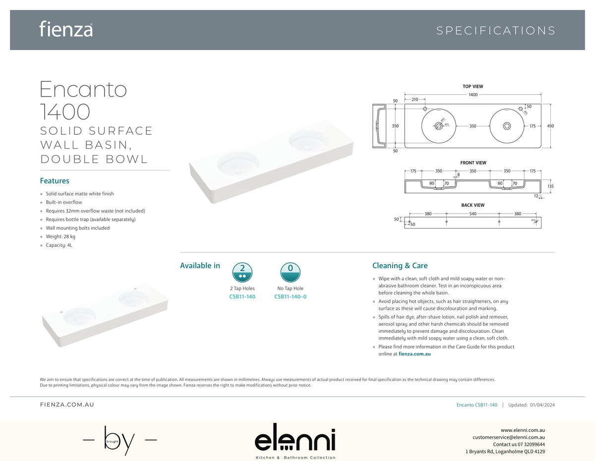 Encanto 1400 Solid Surface Wall Basin - Elenni specification drawing