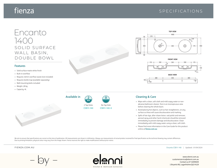 Encanto 1400 Solid Surface Wall Basin - Elenni specification drawing