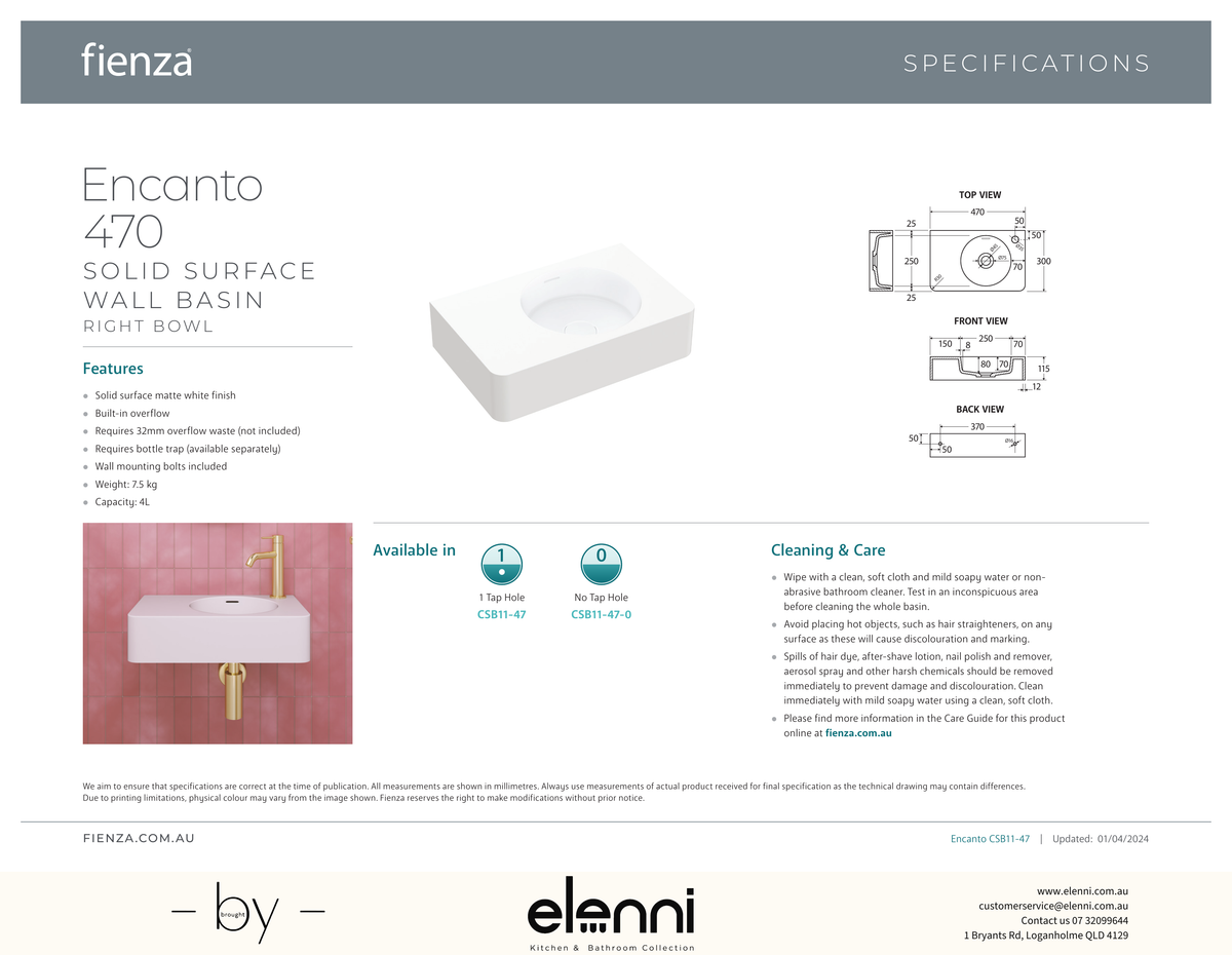 Encanto 470 Solid Surface Wall Basin - Elenni specification drawing