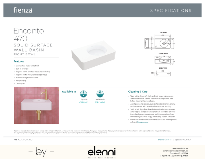 Encanto 470 Solid Surface Wall Basin - Elenni specification drawing