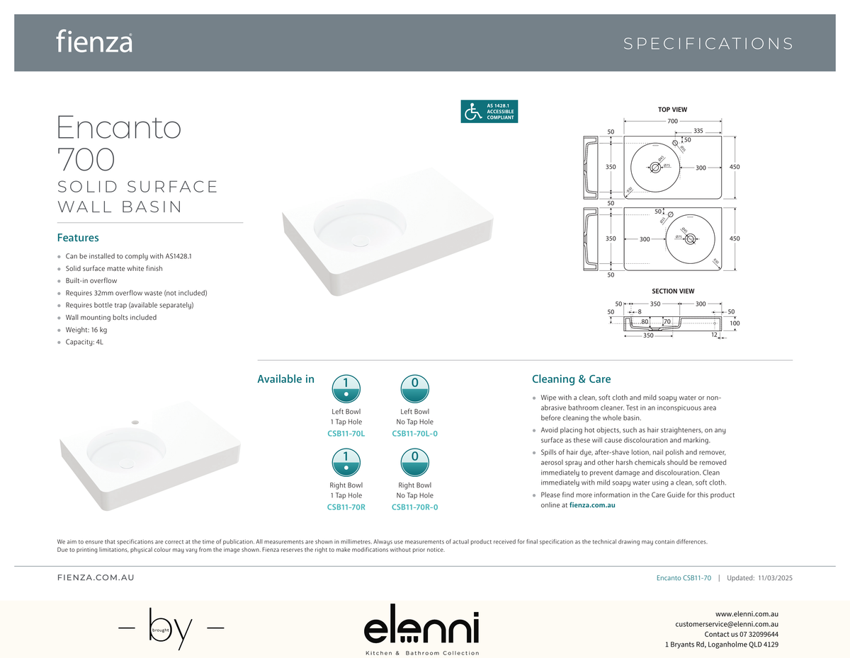 Encanto 700 Solid Surface Wall Basin - Elenni specification drawing
