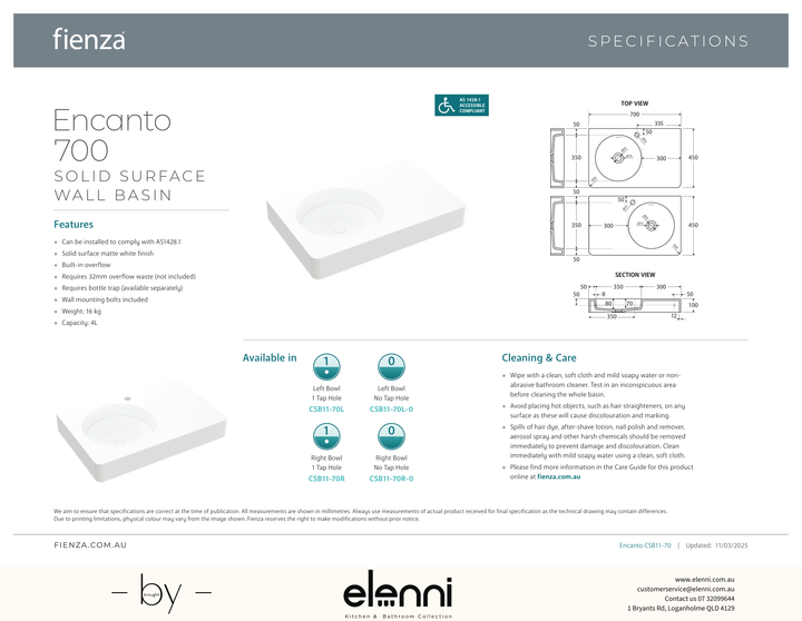 Encanto 700 Solid Surface Wall Basin - Elenni specification drawing