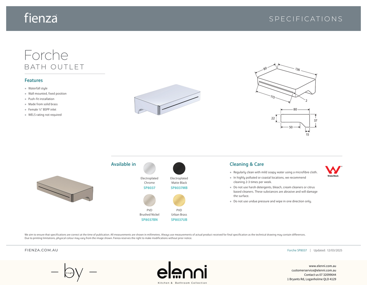 Forche Bath Outlet - Spec sheet