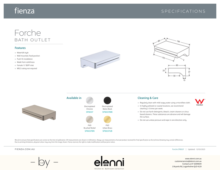 Forche Bath Outlet - Spec sheet