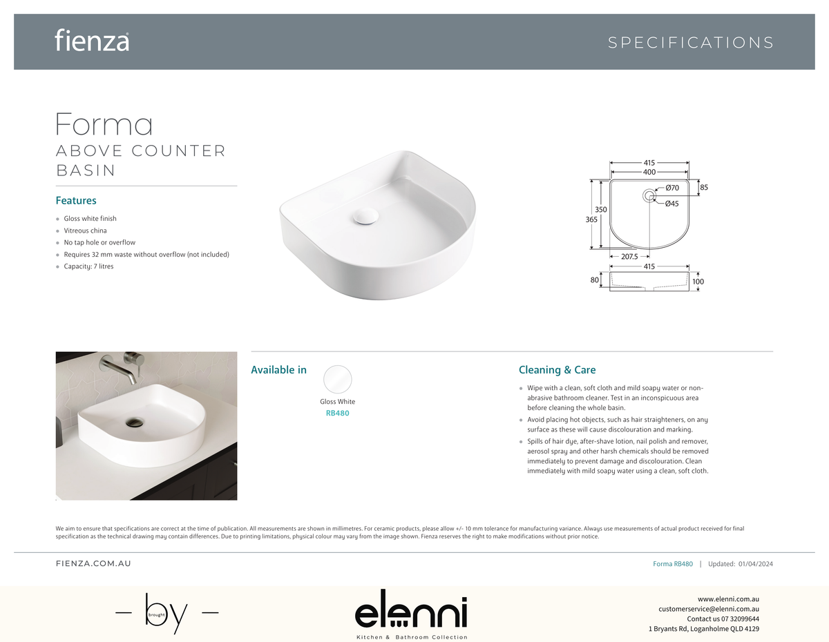 Forma Above Counter Basin - Elenni specification drawing