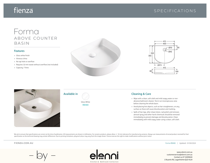 Forma Above Counter Basin - Elenni specification drawing