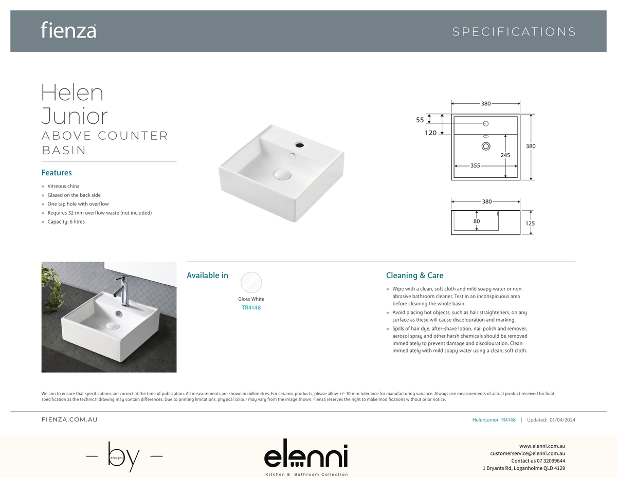 Helen Junior Above Counter Basin - Elenni specification drawing