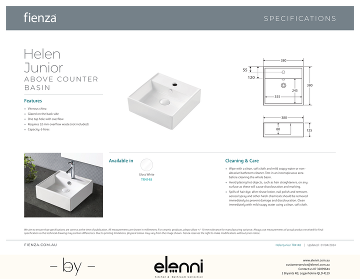 Helen Junior Above Counter Basin - Elenni specification drawing
