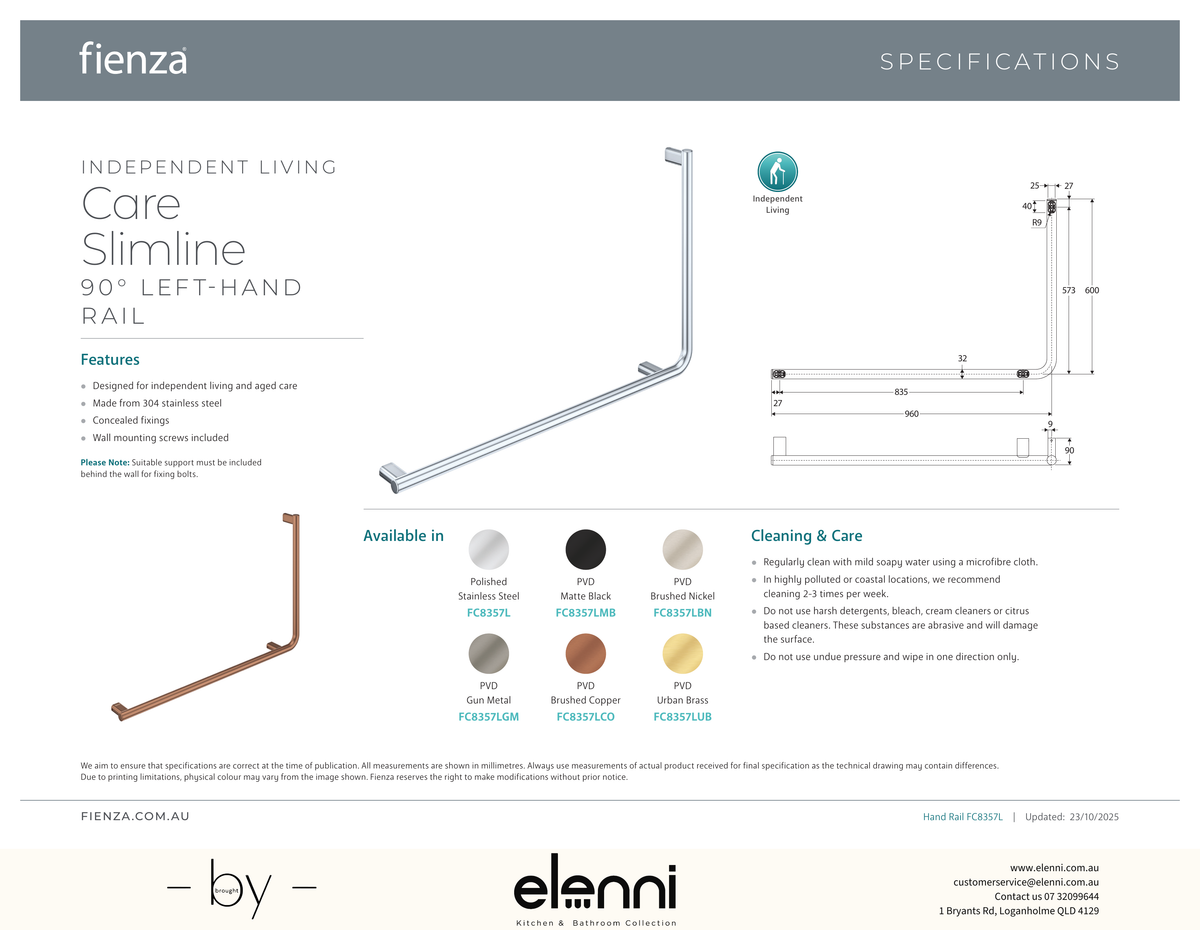 Independent Living, 90 Degree Care Slimline Left-Hand Grab Rail - Spec sheet