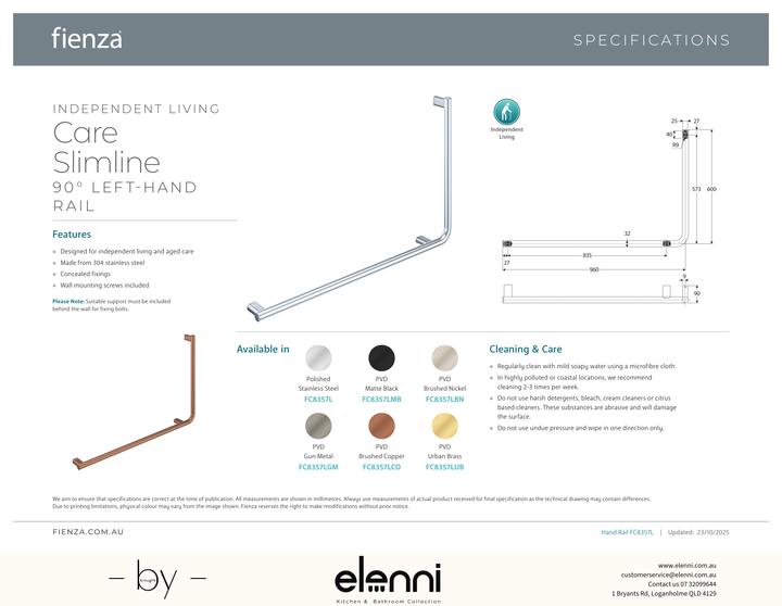 Independent Living, 90 Degree Care Slimline Left-Hand Grab Rail - Spec sheet