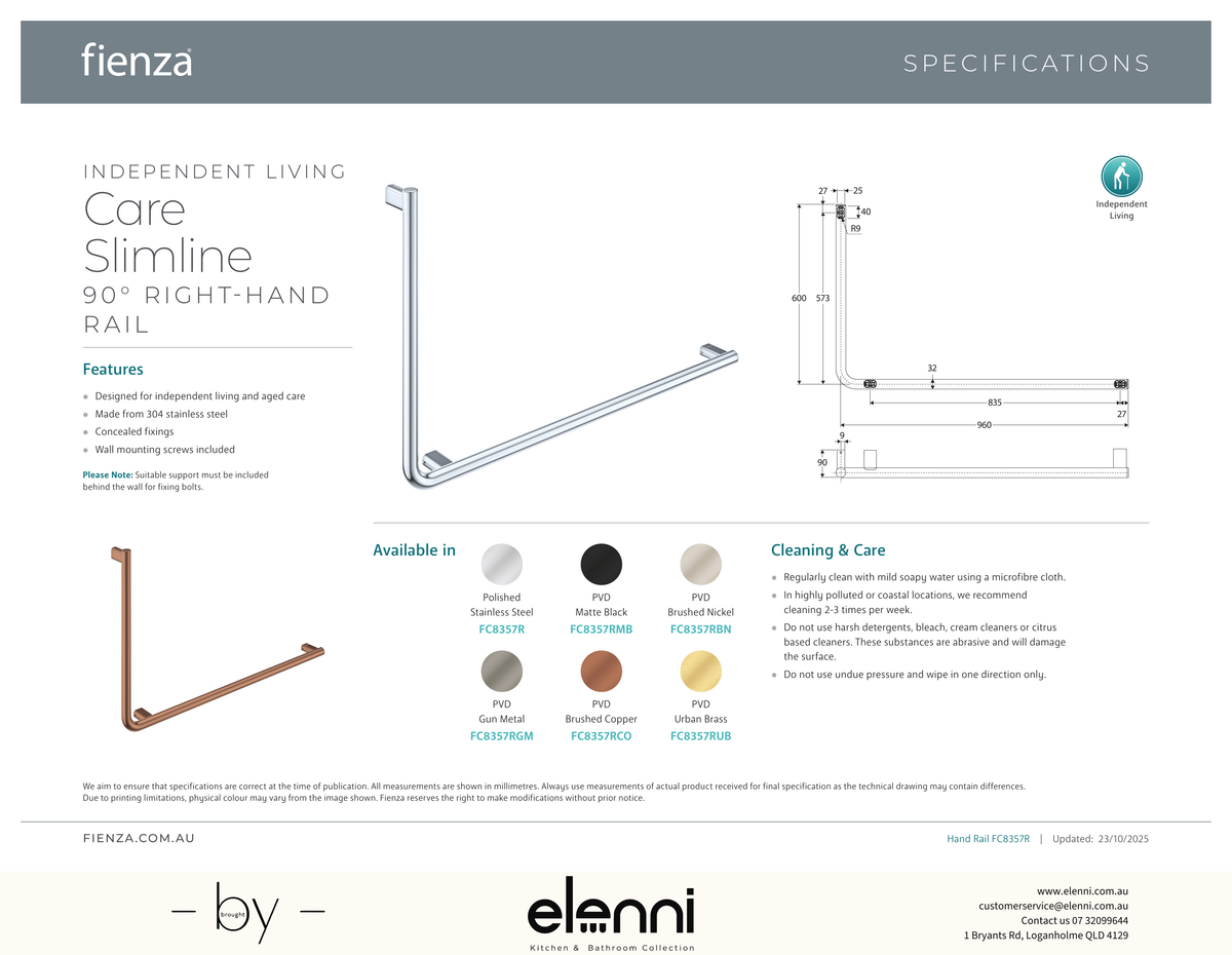 Independent Living, 90 Degree Care Slimline Right-Hand Grab Rail - Spec sheet