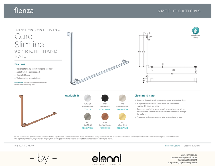 Independent Living, 90 Degree Care Slimline Right-Hand Grab Rail - Spec sheet