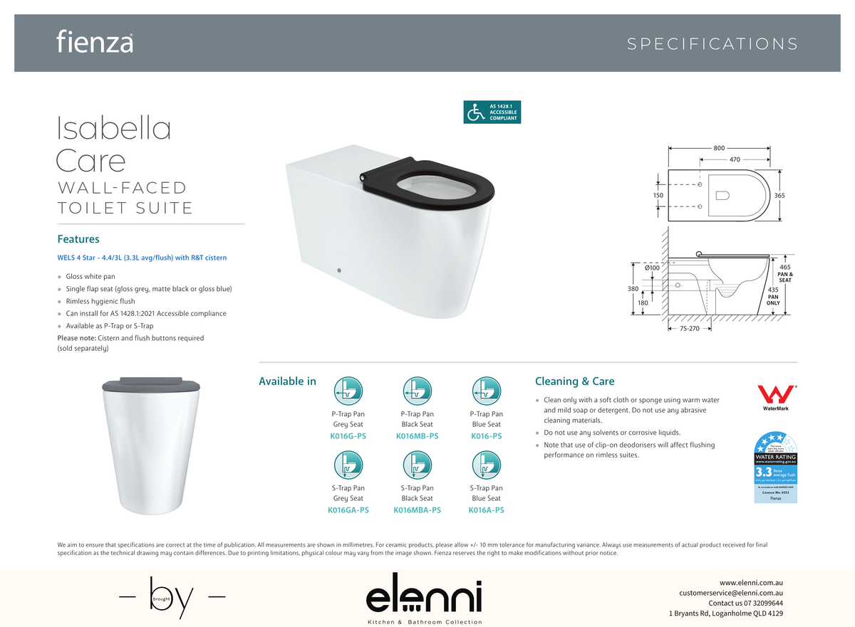 Isabella Care Wall-Faced Toilet Suite, Gloss White with Grey Seat - Elenni specification drawing