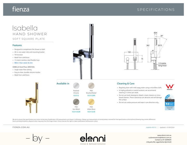 Isabella Hand Shower, Rectangular Plate - Spec sheet