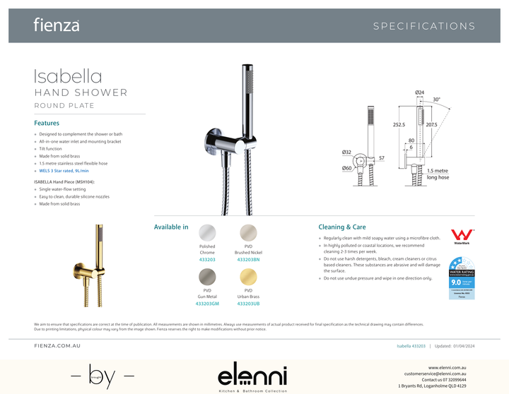 Isabella Hand Shower, Round Plate - Spec sheet