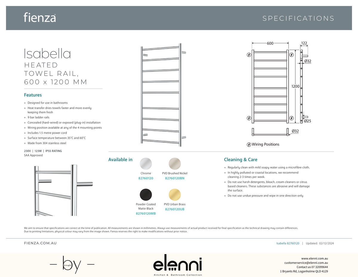 Isabella Heated Towel Rail, 600 x 1200mm - Spec sheet