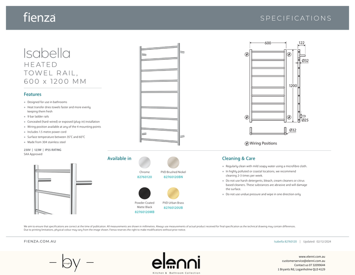 Isabella Heated Towel Rail, 600 x 1200mm - Spec sheet
