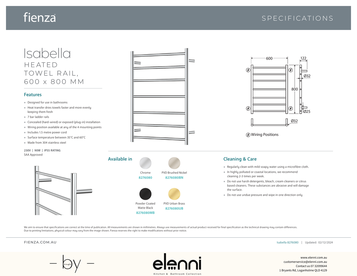 Isabella Heated Towel Rail, 600 x 800mm - Spec sheet