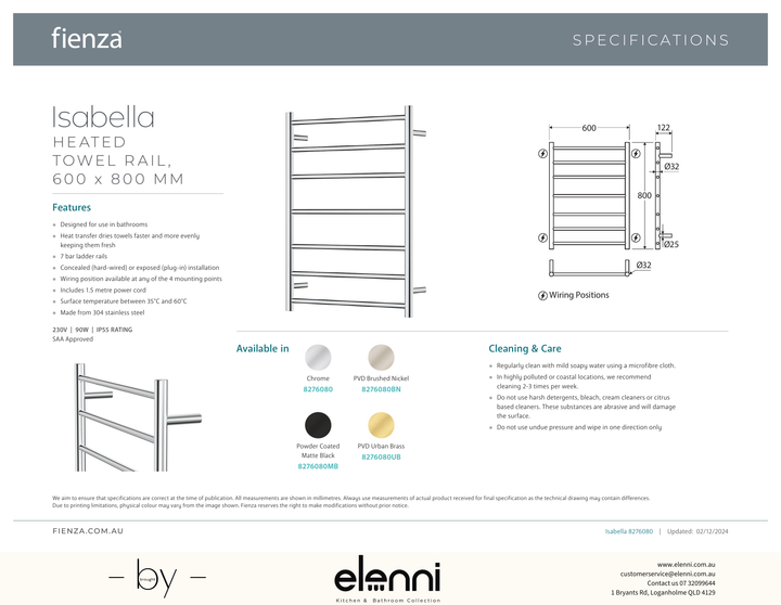 Isabella Heated Towel Rail, 600 x 800mm - Spec sheet