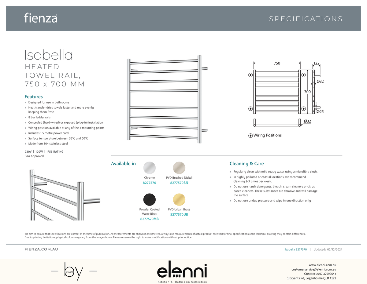 Isabella Heated Towel Rail, 750 x 700mm - Spec sheet