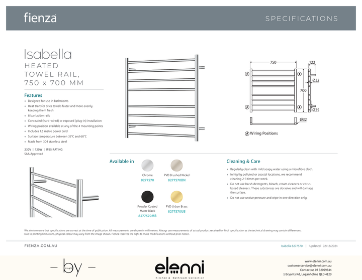 Isabella Heated Towel Rail, 750 x 700mm - Spec sheet