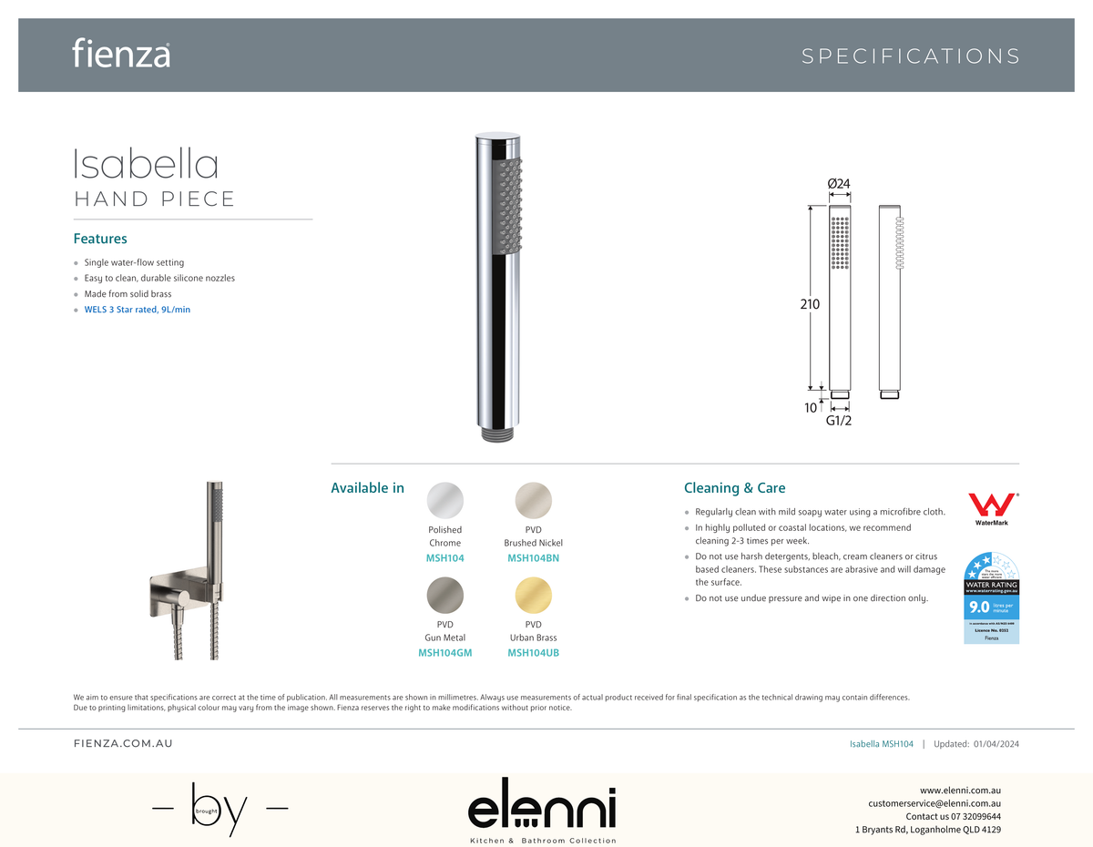 Isabella Shower Hand Piece - Spec sheet