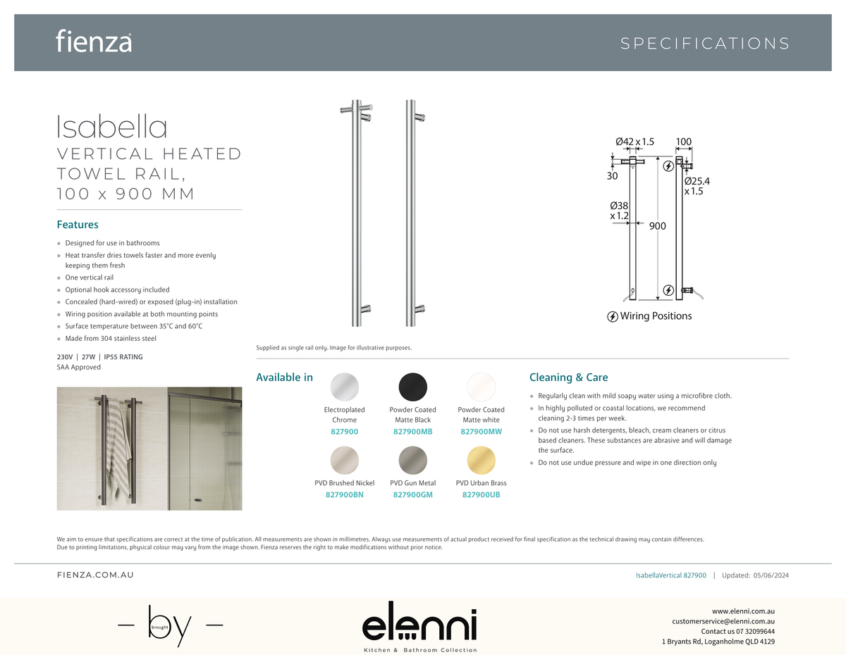 Isabella Vertical Heated Towel Rail, 100 x 900mm - Spec sheet