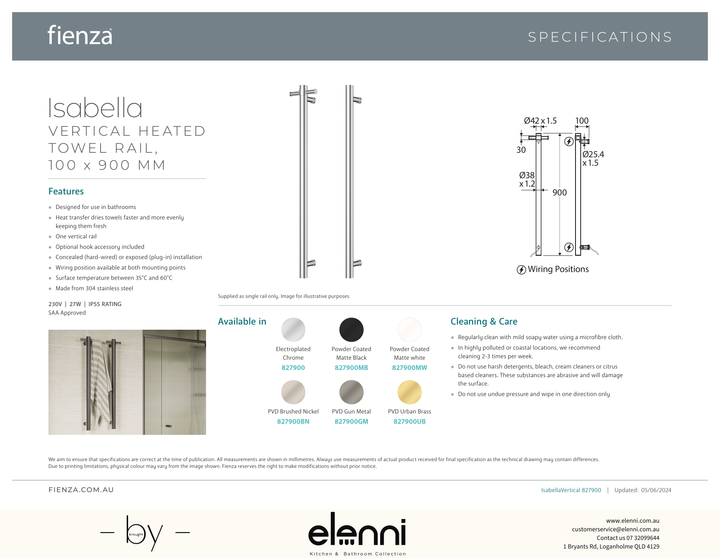 Isabella Vertical Heated Towel Rail, 100 x 900mm - Spec sheet