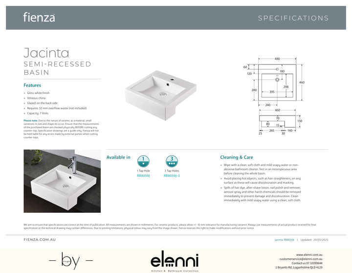 Jacinta Semi-Recessed Basin - Elenni specification drawing