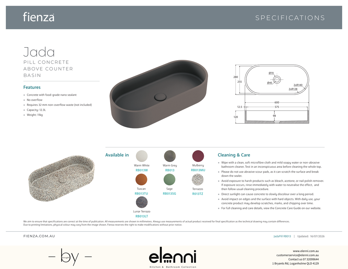 Jada Pill Concrete Above Counter Basin - Elenni specification drawing