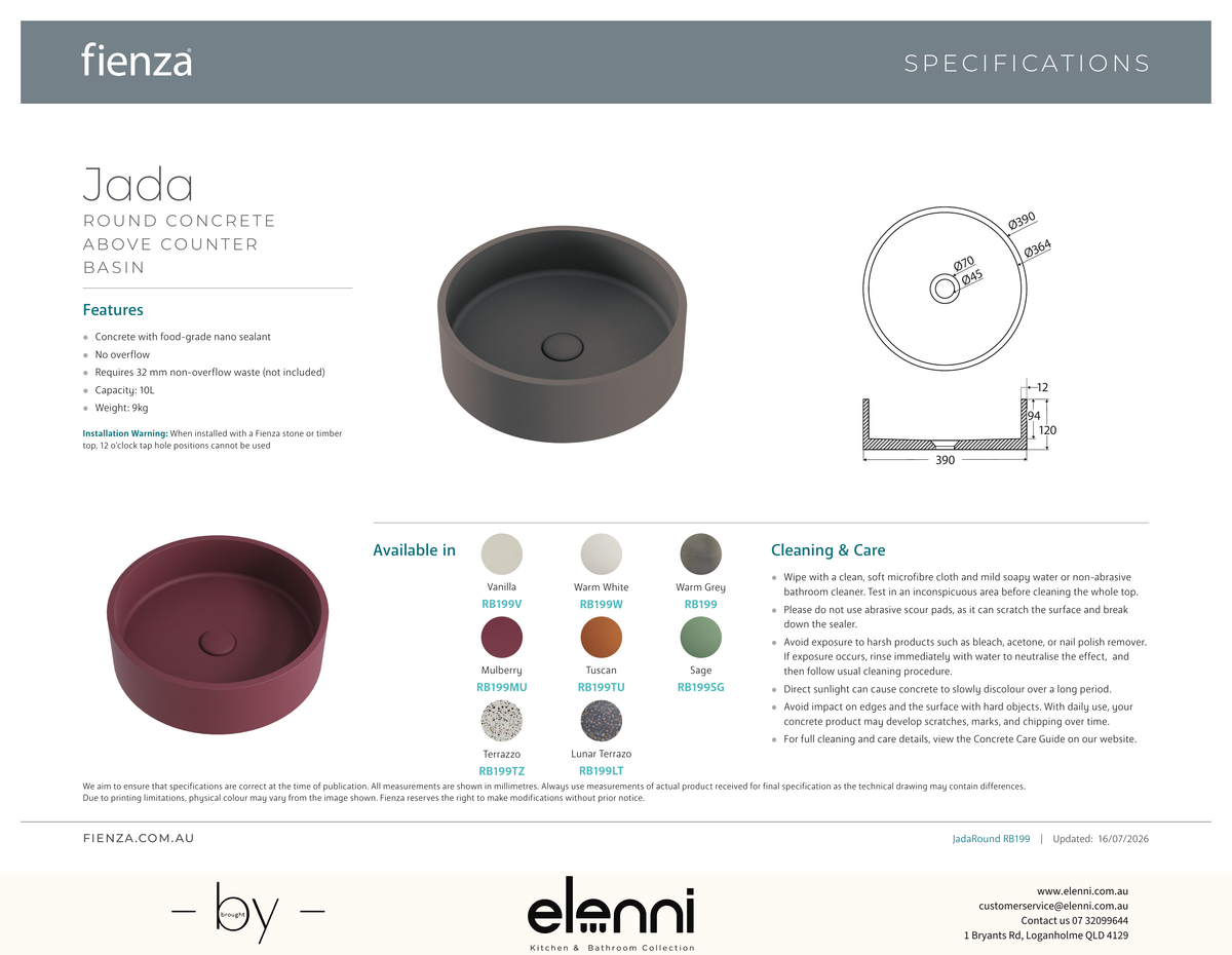 Jada Round Concrete Above Counter Basin - Elenni specification drawing