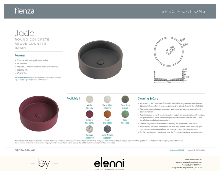 Jada Round Concrete Above Counter Basin - Elenni specification drawing