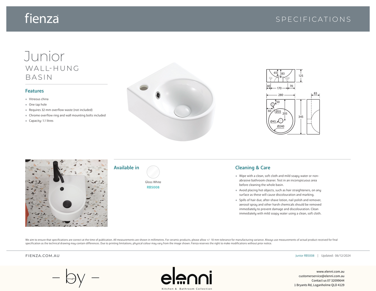 Junior Wall Basin - Elenni specification drawing