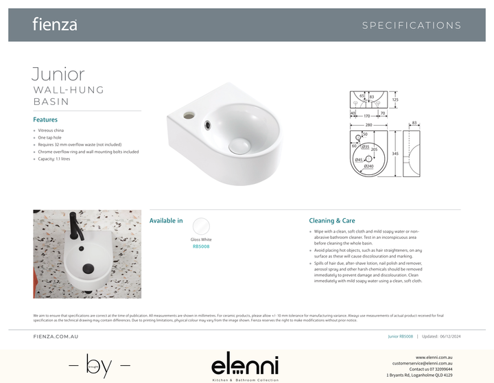 Junior Wall Basin - Elenni specification drawing