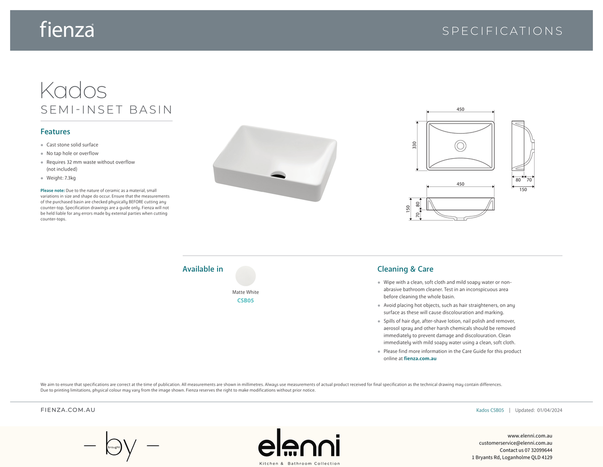 Kados Solid Surface Semi-Inset Basin - Elenni specification drawing