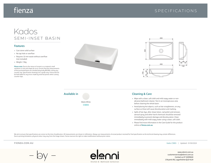 Kados Solid Surface Semi-Inset Basin - Elenni specification drawing